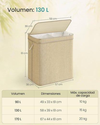 Кош за пране 130L SONGMICS, бамбук, 2 разделения