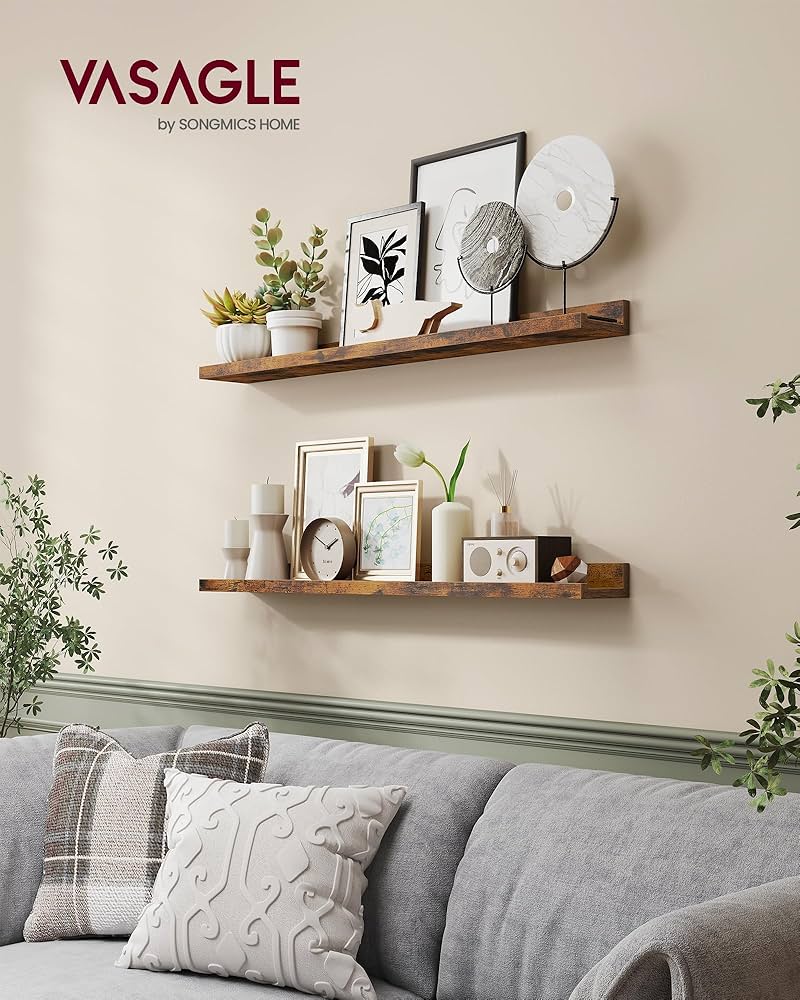 Комплект от 2 стенни рафта VASAGLE, плаващи рафтове, ширина 80 см, повдигнат преден ръб, за рамки за картини, декорации