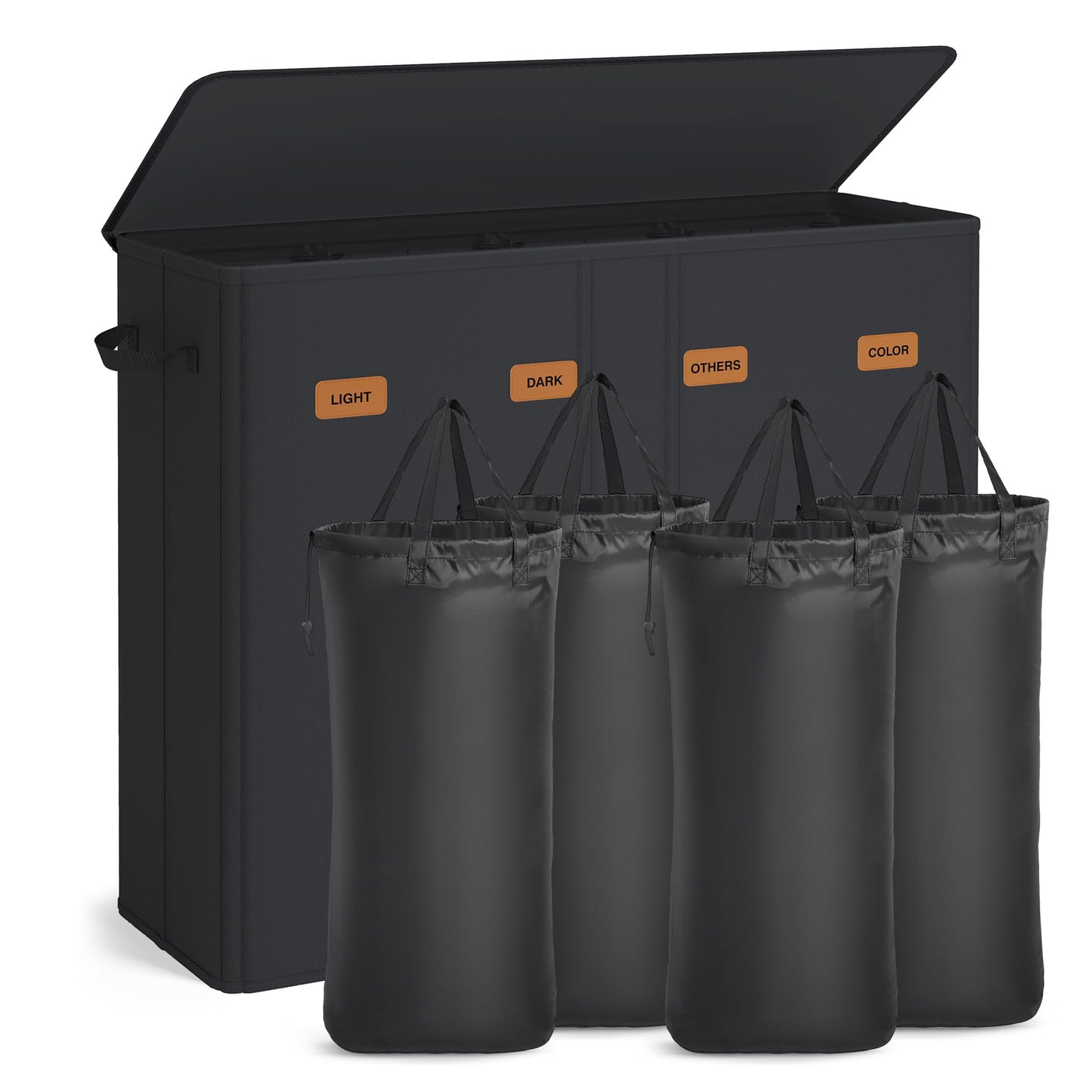 Кош за пране SONGMICS с 4 отделения, 210 л, с капак, 5 етикета, подвижна и переща се вътрешна торба