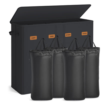 Кош за пране SONGMICS с 4 отделения, 210 л, с капак, 5 етикета, подвижна и переща се вътрешна торба