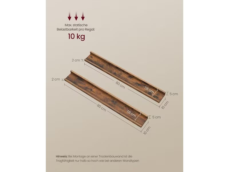 Комплект от 2 стенни рафта VASAGLE, плаващи рафтове, ширина 80 см, повдигнат преден ръб, за рамки за картини, декорации