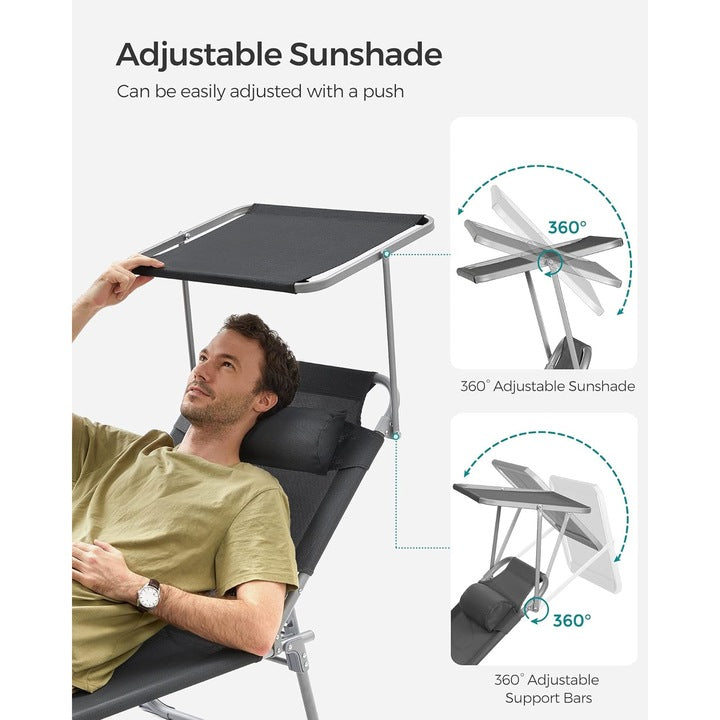 Сгъваем шезлонг SONGMICS със сенник и облегалка за глава, регулируема облегалка в 4 позиции