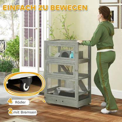 Дървена клетка за гризачи на 4 нива с къщички, люлка, купички за храна, рампи и колелца PawHut