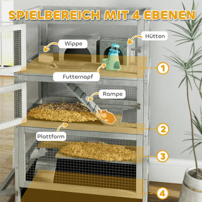 Дървена клетка за гризачи на 4 нива с къщички, люлка, купички за храна, рампи и колелца PawHut