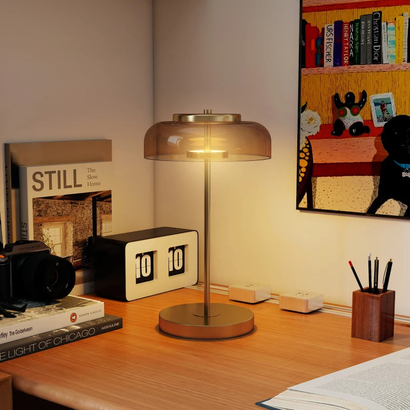 Настолна лампа HOMCOM с топла LED светлина, метална основа, кехлибарен стъклен абажур