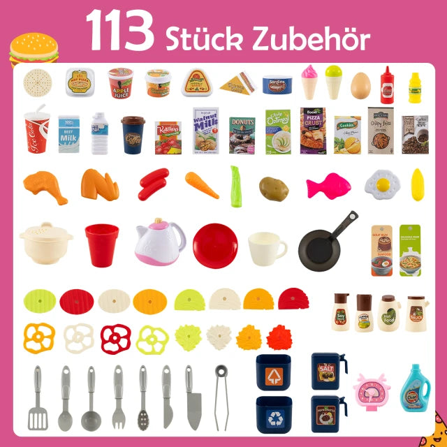 Детска кухня Costway със звуци и светлини, розова, със 113 аксесоара