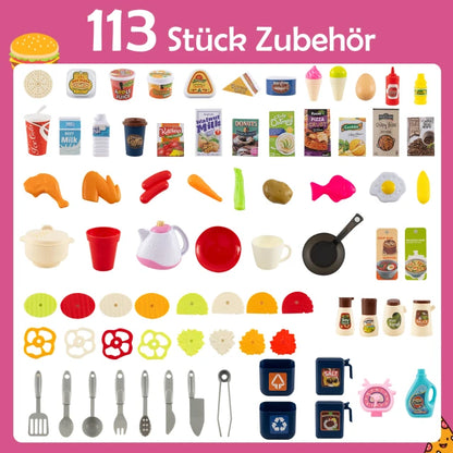 Детска кухня Costway със звуци и светлини, розова, със 113 аксесоара