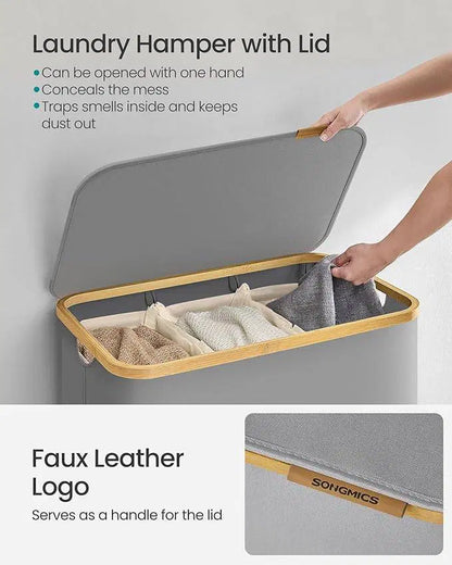 Голям кош за пране с 3 отделения, 150 л, Подвижна мрежеста подплата, Оксфордска материя, Бамбукови