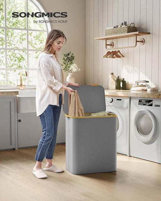 Голям кош за пране с 3 отделения, 150 л, Подвижна мрежеста подплата, Оксфордска материя, Бамбукови