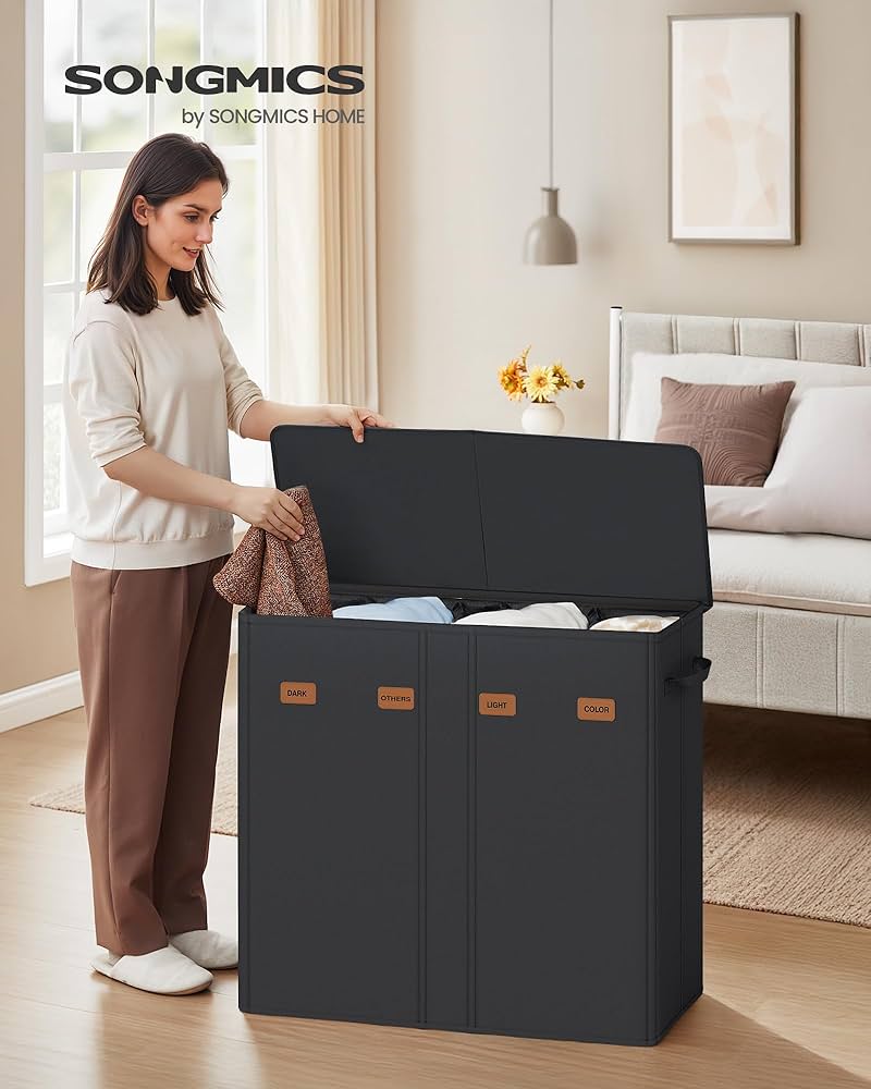 Кош за пране SONGMICS с 4 отделения, 210 л, с капак, 5 етикета, подвижна и переща се вътрешна торба