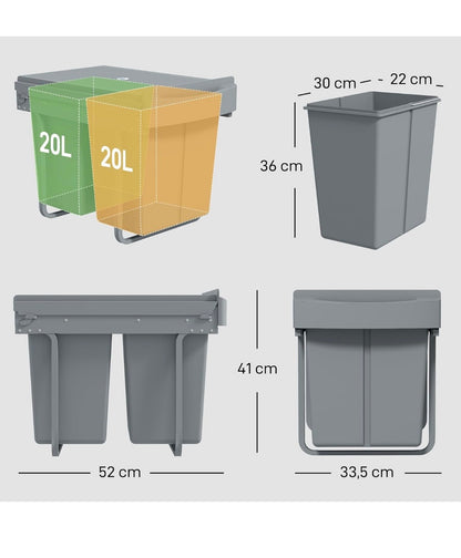 Кош за боклук HOMCOM 2 x 20 л, разтегателен, за шкафове, вграден кош за боклук за долен шкаф