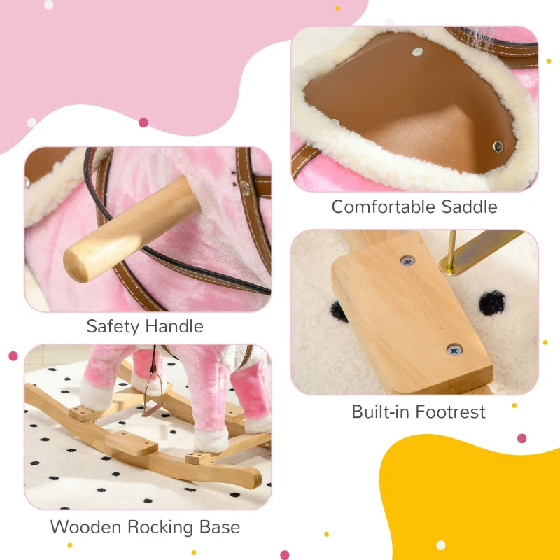 Дървен люлеещ се кон HOMCOM с музика, звук и седло за деца от 3 до 6 години
