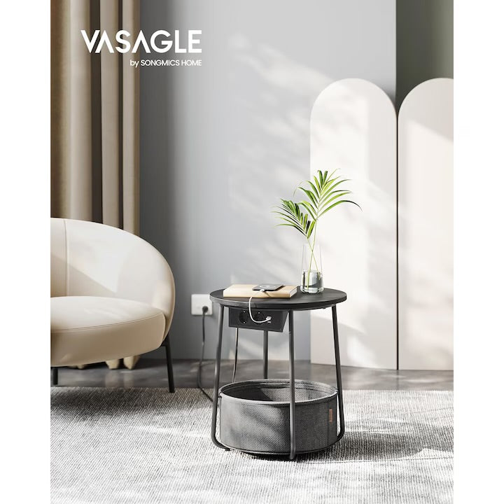 Кръгла холна маса VASAGLE с платнена кошница, зарядна станция 2 гнезда и 2 USB